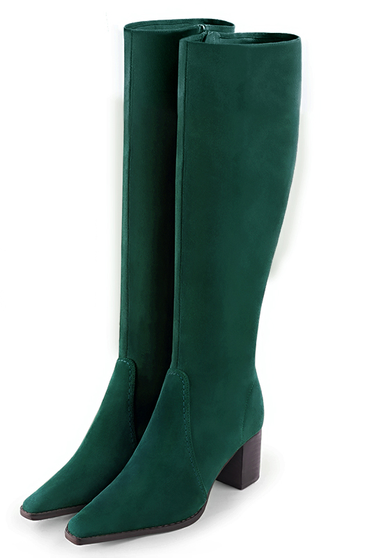 Forest green women's feminine knee-high boots. Tapered toe. Medium block heels. Made to measure - Florence KOOIJMAN